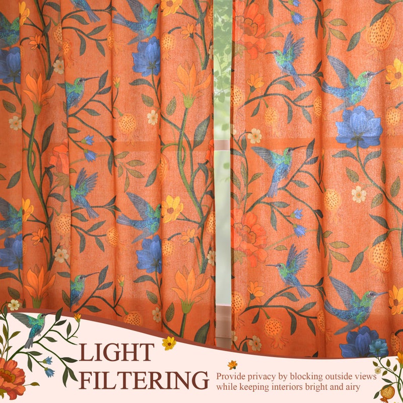 JOOJA Bird Floral Curtains 2 Panels 84 Inches Long Vintage Boho Patterned Terracotta Whimsical Living Room Colorful Linen Blend Printed Window Curtains for Bedroom Kitchen - Image 2
