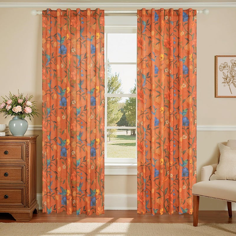 JOOJA Bird Floral Curtains 2 Panels 84 Inches Long Vintage Boho Patterned Terracotta Whimsical Living Room Colorful Linen Blend Printed Window Curtains for Bedroom Kitchen - Image 1