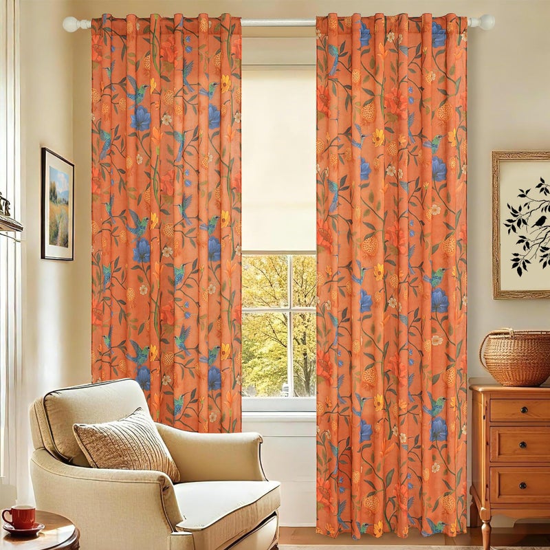 JOOJA Bird Floral Curtains 2 Panels 84 Inches Long Vintage Boho Patterned Terracotta Whimsical Living Room Colorful Linen Blend Printed Window Curtains for Bedroom Kitchen - Image 5