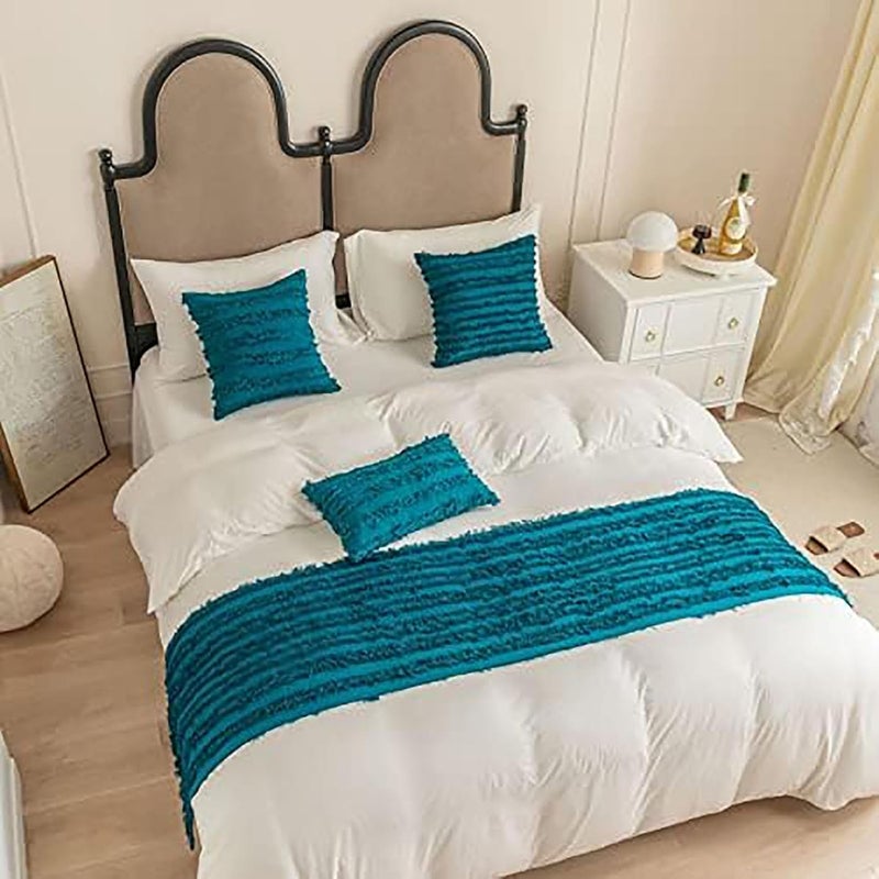 Bed Runner,for Foot of Bed Quilted Scarves Jacquard Tassel Throw Cotton Linen Solid Color,Sky Blue-45 * 210cm - Image 1