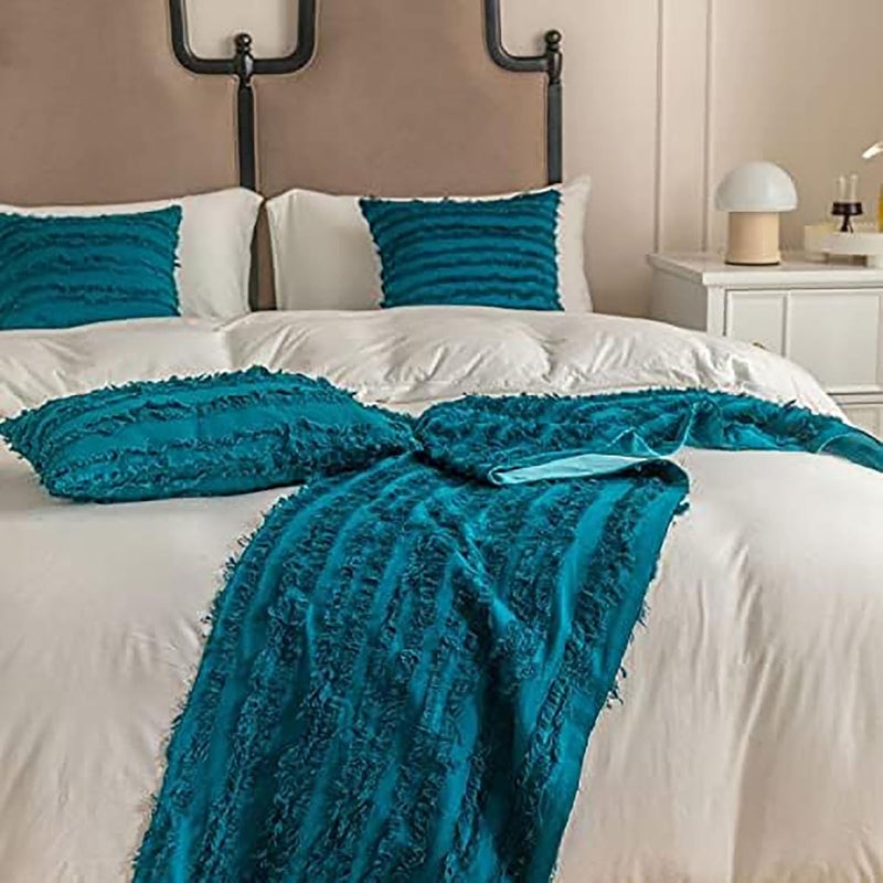 Bed Runner,for Foot of Bed Quilted Scarves Jacquard Tassel Throw Cotton Linen Solid Color,Sky Blue-45 * 210cm - Image 3