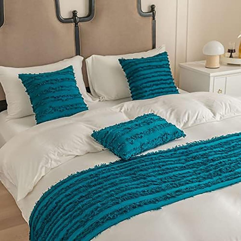 Bed Runner,for Foot of Bed Quilted Scarves Jacquard Tassel Throw Cotton Linen Solid Color,Sky Blue-45 * 210cm - Image 2