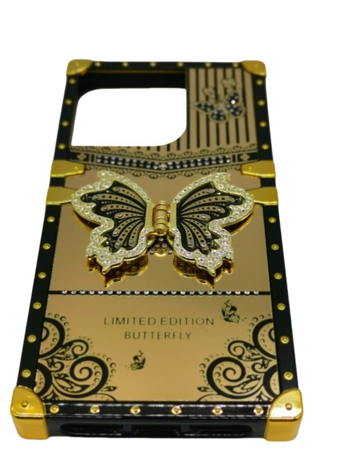 iPhone 16 Pro Square Gold Case: Black Gold Luxury Cover with Butterfly Kickstand - Shockproof & Scratchproof Trendy Design - Image 1