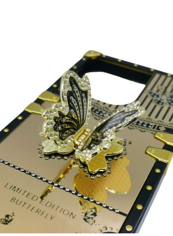 iPhone 16 Pro Square Gold Case: Black Gold Luxury Cover with Butterfly Kickstand - Shockproof & Scratchproof Trendy Design - Image 2
