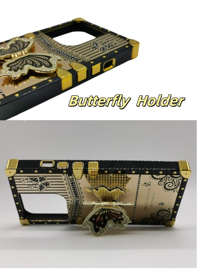 iPhone 16 Pro Square Gold Case: Black Gold Luxury Cover with Butterfly Kickstand - Shockproof & Scratchproof Trendy Design - Image 3