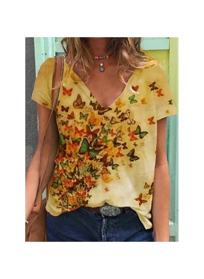European And American New Export Women's V Neck Top Retro Butterfly Print Short-sleeved T-shirt