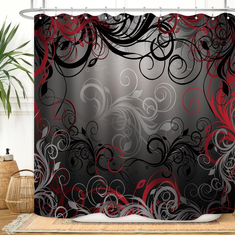 ZXMBF Red and Black Shower Curtain Mystic Magical Forest Modern Inspired Floral Swirls Leaves Bath Curtain Waterproof Fabric Bathroom Decor 72x72 Inch Plastic Hooks 12 PCS - Image 1