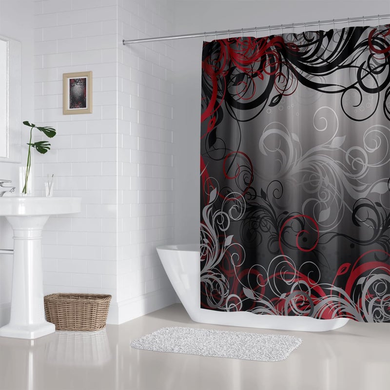 ZXMBF Red and Black Shower Curtain Mystic Magical Forest Modern Inspired Floral Swirls Leaves Bath Curtain Waterproof Fabric Bathroom Decor 72x72 Inch Plastic Hooks 12 PCS - Image 5