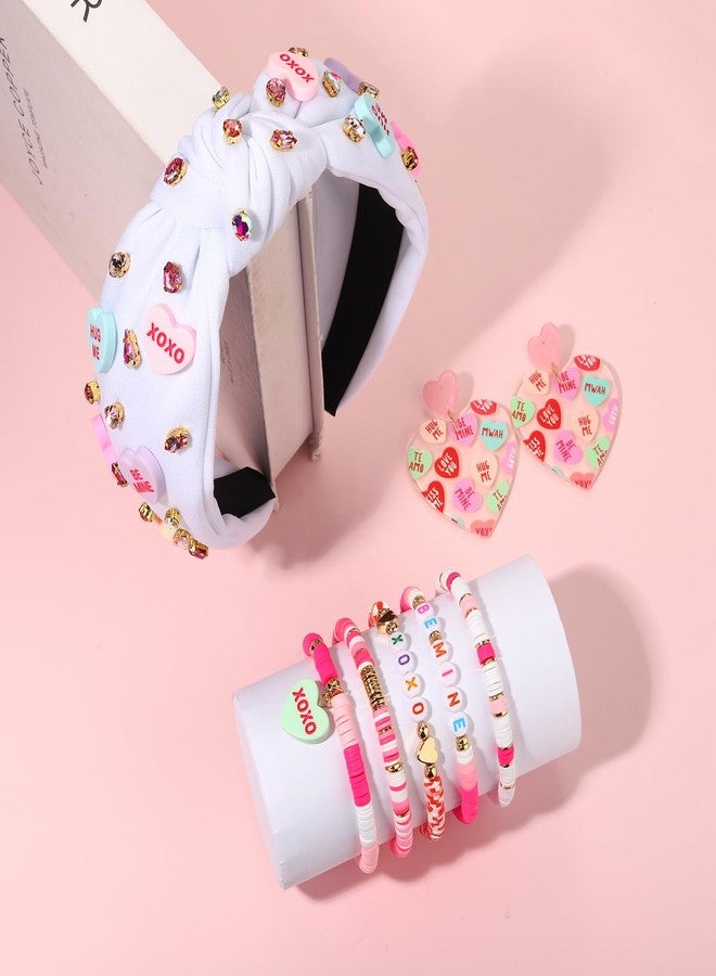 سيالكسهيني أطواق رأس لعيد الحب من سيالكسيني للنساء، أطواق رأس على شكل قلوب محادثة، أساور هيشي وردية، أقراط LOVE XOXO، ملابس وإكسسوارات وهدايا مجوهرات لعيد الحب، هدايا للحفلات (النمط د) - Image 2