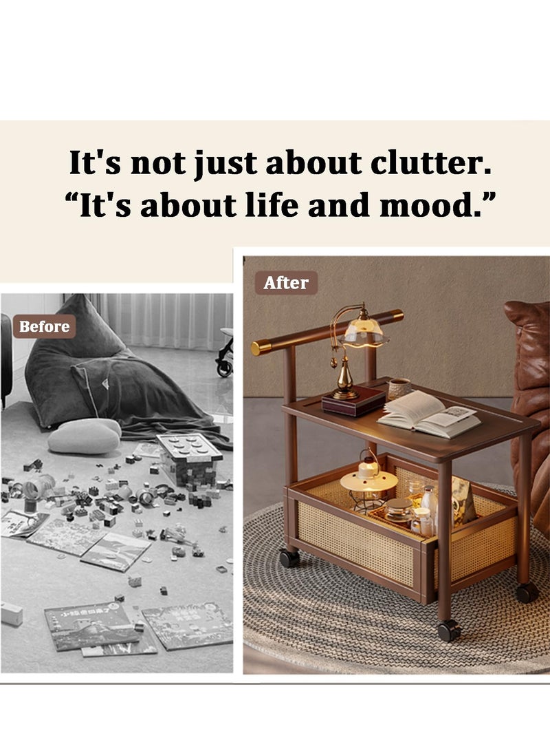 XiuWoo Rolling Storage Cart, Rolling Storage Cart with handle, Wooden Utility Cart With storage basket, Wooden Double-Layer Tea Cart, for Home Kitchen Dining Room Living Room - Image 3