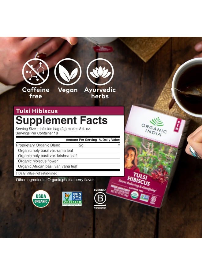 Organic India Tulsi Hibiscus Tea Bags - Holy Basil Herbal Tea, Stress Relieving, Immune Support, Adaptogen, USDA Certified Organic, Non-GMO, Calming, Caffeine-Free - 18 Infusion Bags, 1 Pack - Image 2