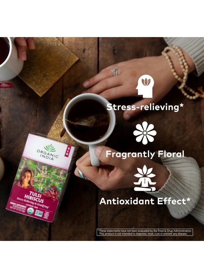 Organic India Tulsi Hibiscus Tea Bags - Holy Basil Herbal Tea, Stress Relieving, Immune Support, Adaptogen, USDA Certified Organic, Non-GMO, Calming, Caffeine-Free - 18 Infusion Bags, 1 Pack - Image 4