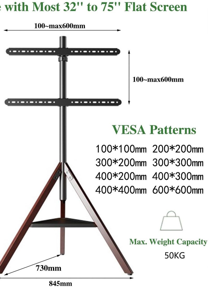 Height Adjustable Floor TV Stand with Tripod Base and Storage Trays for 32-75 inch Screens, 180°Swivel Portable TV Mount for Bedroom, Living Room, Studio