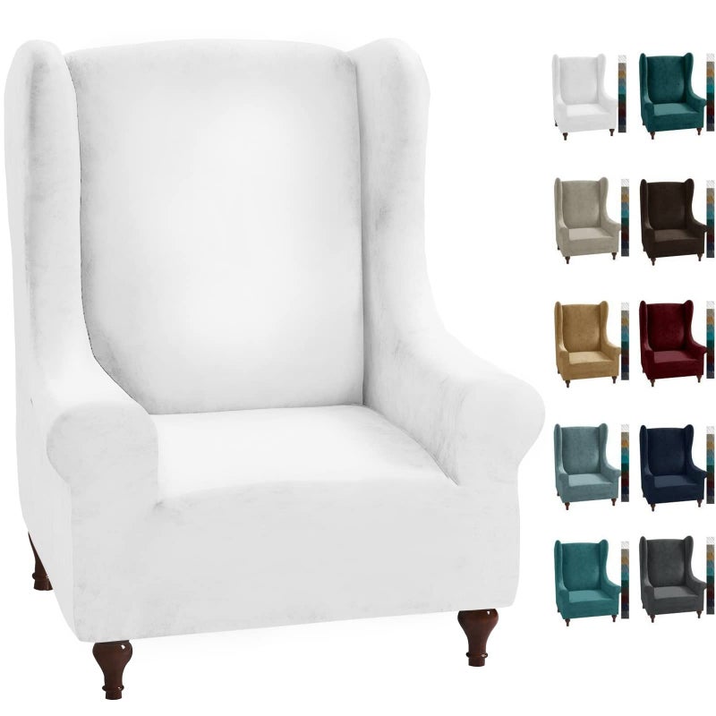 MAXIJIN Stretch Velvet Wingback Chair Slipcover 1Piece Soft Stylish Plush Slipcovers for Wingback Chairs Thick Rich Velvet Wing Chair Cover with Elastic Bottom Wing Chair White