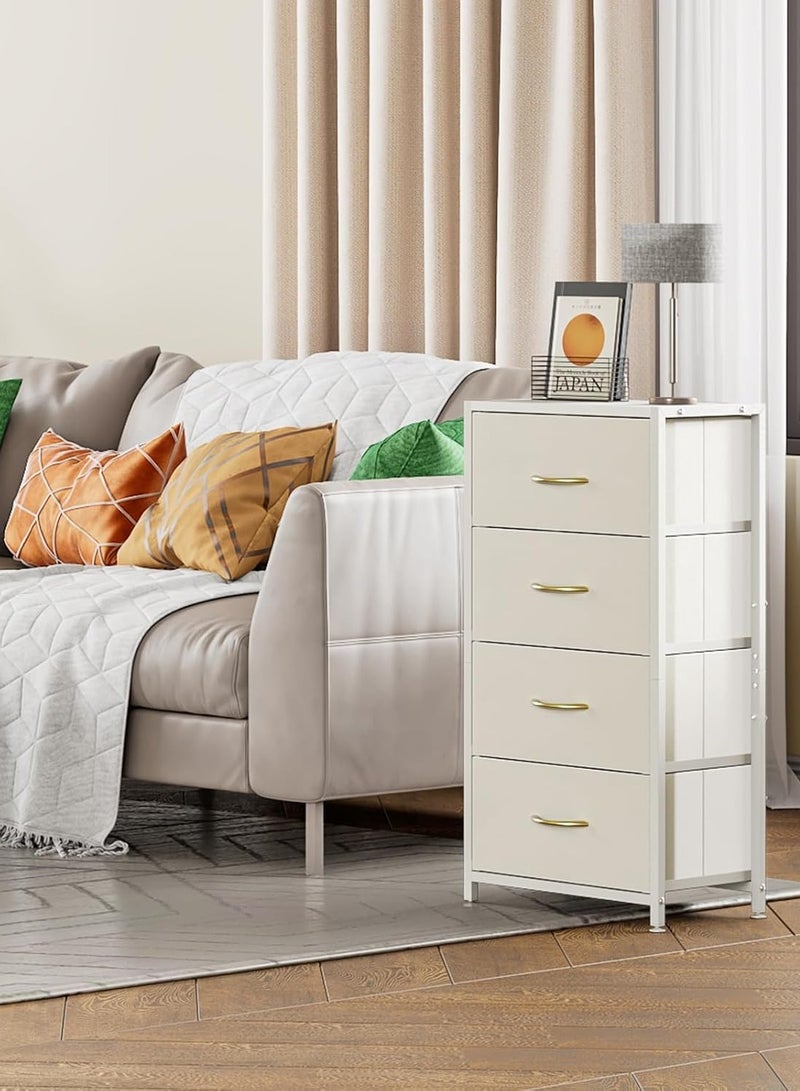 سولاكان خزانة ذات 4 أدراج، خزانة تخزين عمودية برجية من القماش لغرفة النوم والمدخل والمدخل ومنظم خزانة الملابس ومنضدة سرير جانبية أثاث منضدة سرير جانبية خشبية من الأعلى، أبيض - Image 1