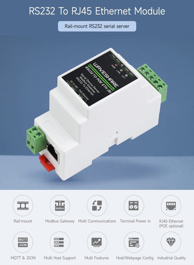 Waveshare Industrial Serial Server, RS232 to RJ45 Ethernet, TCP/IP to Serial, Rail-Mount Support - Image 2