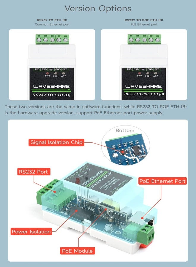 Waveshare Industrial Serial Server, RS232 to RJ45 Ethernet, TCP/IP to Serial, Rail-Mount Support - Image 3