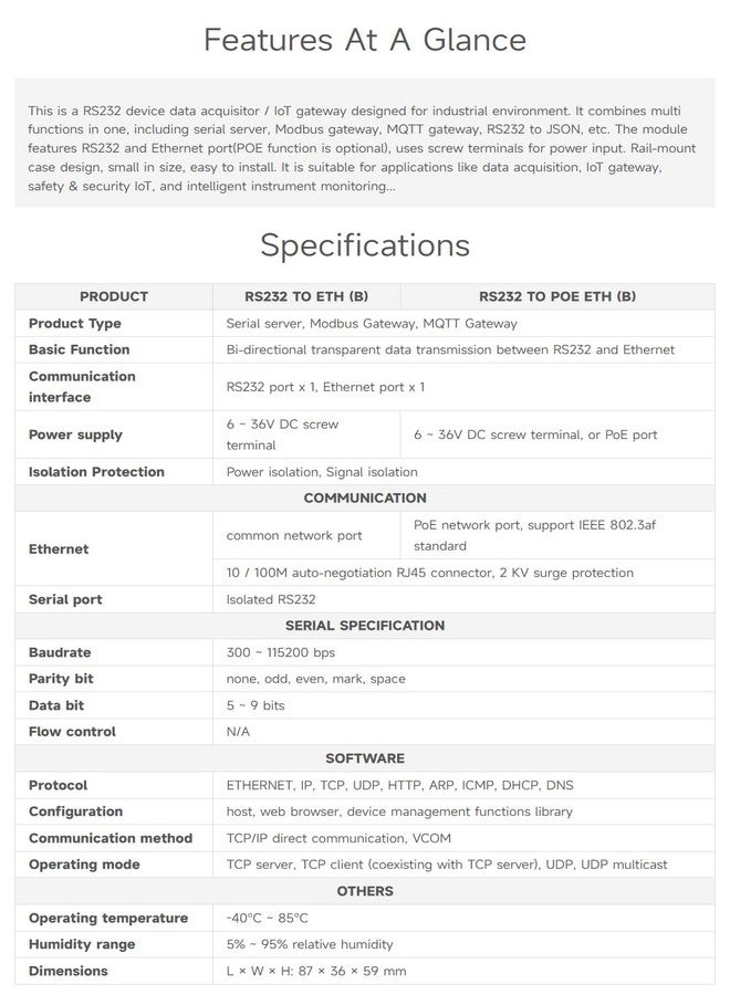 Waveshare Industrial Serial Server, RS232 to RJ45 Ethernet, TCP/IP to Serial, Rail-Mount Support - Image 4