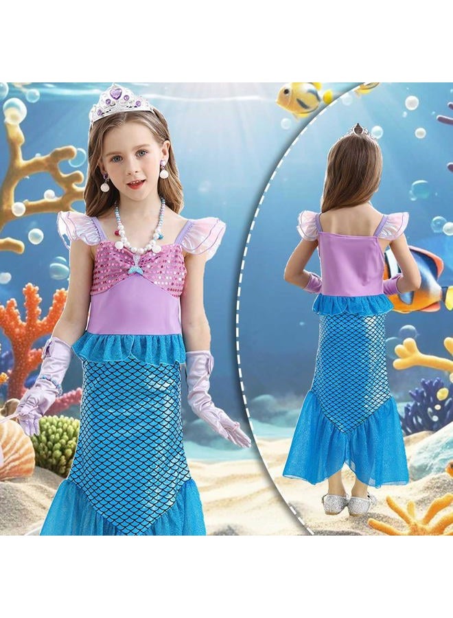 Luzlen Little Girls Mermaid Princess Costume Party Dress for Toddler Kids Baby Halloween Cosplay Dress Up with Accessories, Blue, 5-6 Years(Tag 130) - Image 3