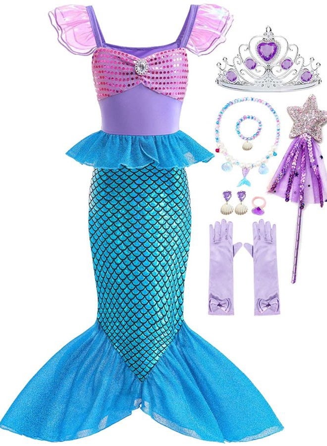 Luzlen Little Girls Mermaid Princess Costume Party Dress for Toddler Kids Baby Halloween Cosplay Dress Up with Accessories, Blue, 5-6 Years(Tag 130) - Image 1