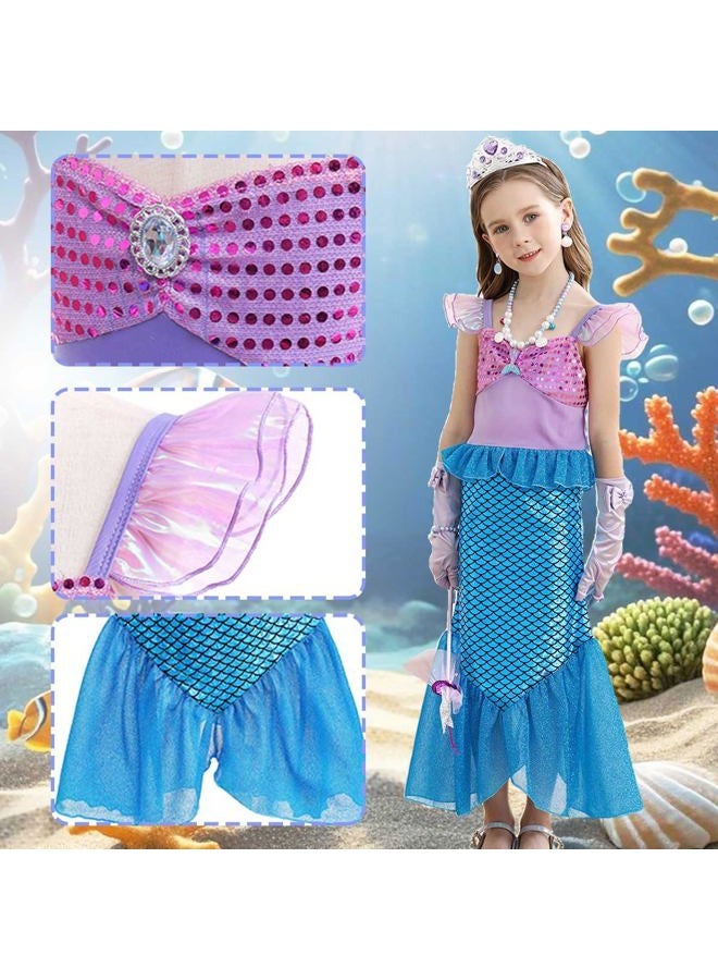 Luzlen Little Girls Mermaid Princess Costume Party Dress for Toddler Kids Baby Halloween Cosplay Dress Up with Accessories, Blue, 5-6 Years(Tag 130) - Image 5