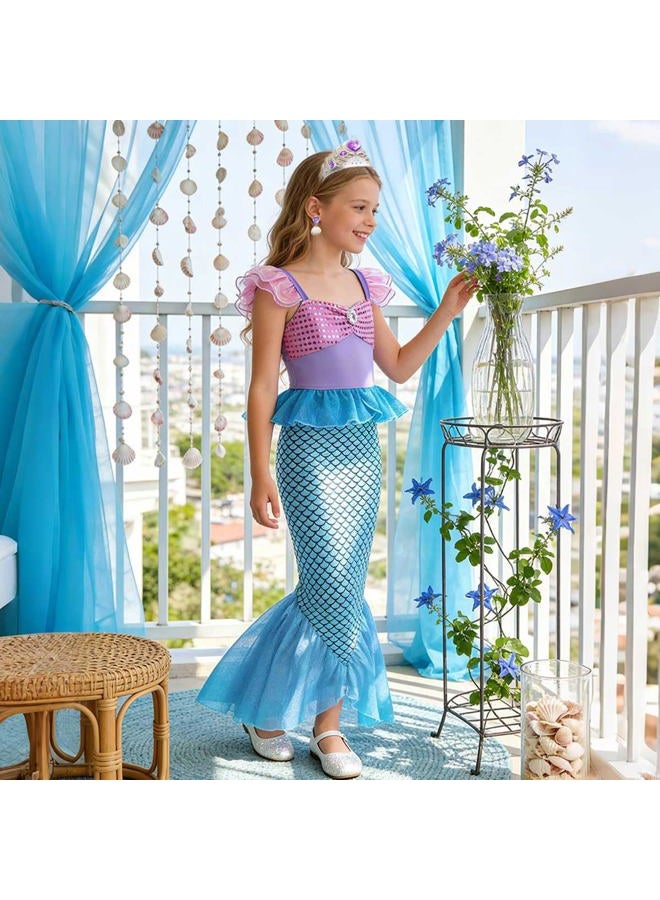 Luzlen Little Girls Mermaid Princess Costume Party Dress for Toddler Kids Baby Halloween Cosplay Dress Up with Accessories, Blue, 5-6 Years(Tag 130) - Image 2