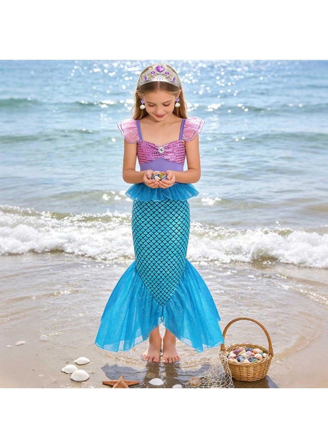 Luzlen Little Girls Mermaid Princess Costume Party Dress for Toddler Kids Baby Halloween Cosplay Dress Up with Accessories, Blue, 5-6 Years(Tag 130) - Image 4