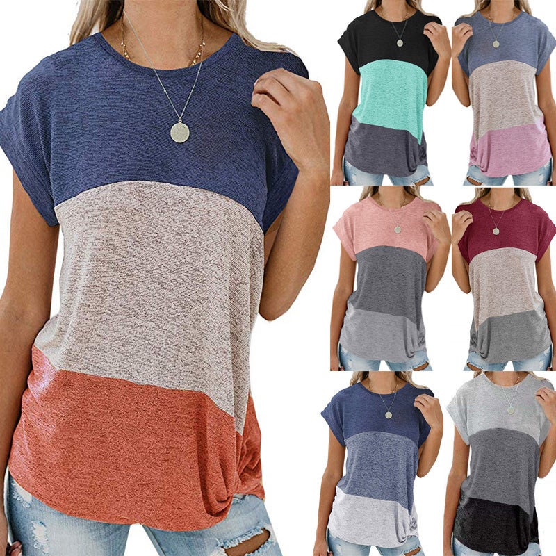 Cross-border European and American women's clothing 2021 kink short-sleeved top casual bat sleeve round neck loose color matching T-shirt Redash S - Image 2