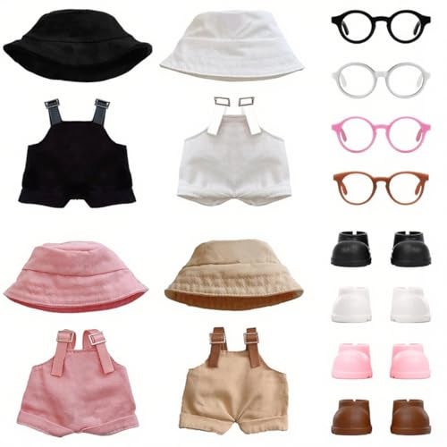 VVQUI 4PCS Doll Clothes Set for 17cm Dolls Stylish Outfit with 4 Hat 4 Overalls 4 Shoes 4 Glasses of Clothes Designer Cute Clothes for Dress up Unique Style BlackWhiteBrownPink - Image 1