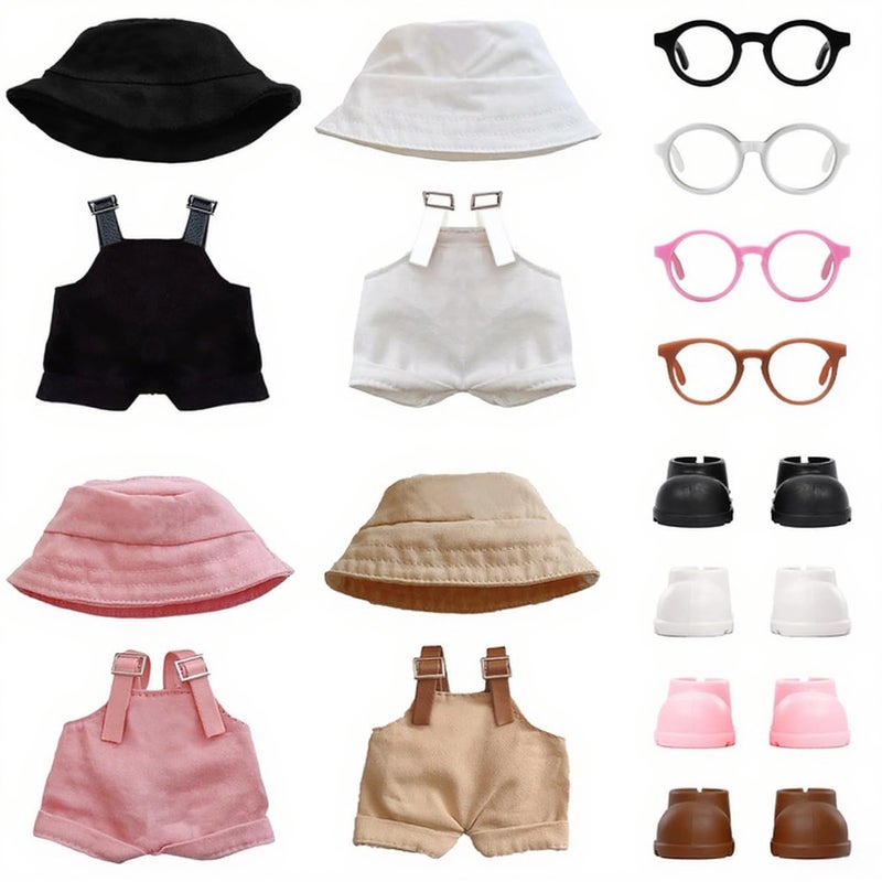 VVQUI 4PCS Doll Clothes Set for 17cm Dolls Stylish Outfit with 4 Hat 4 Overalls 4 Shoes 4 Glasses of Clothes Designer Cute Clothes for Dress up Unique Style BlackWhiteBrownPink - Image 3