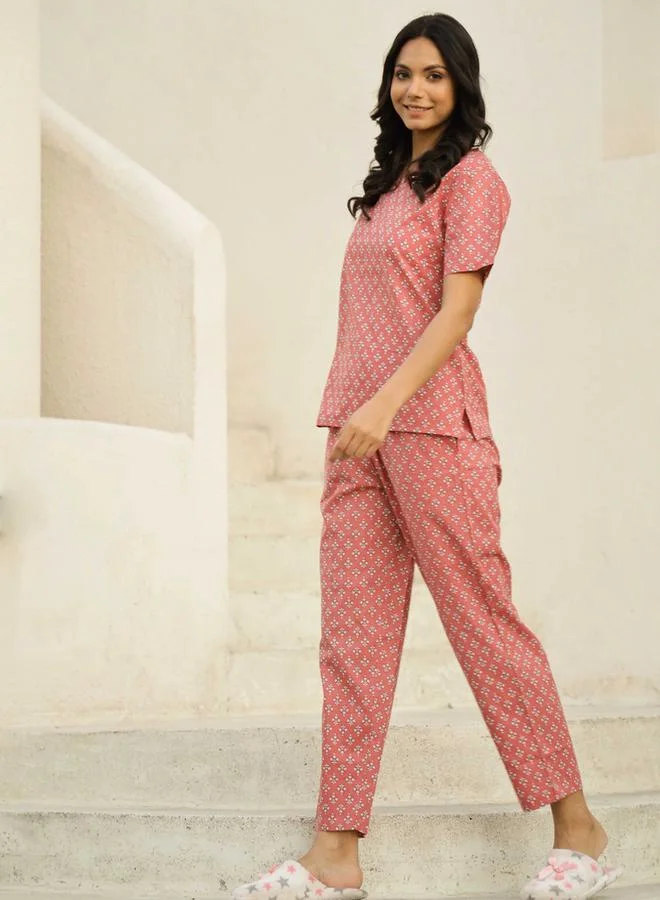 Sanskrutihomes Printed Notch Neck Cotton Top And Pyjama Set