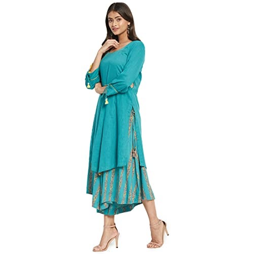 Fabindia Women's Cotton Solids Regular Kurta (210648501_Turquoise - Image 2