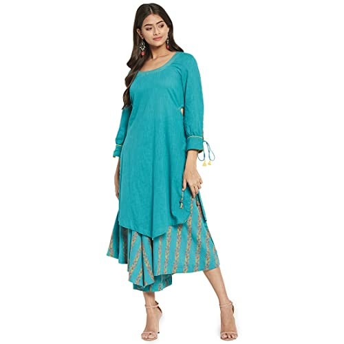 Fabindia Women's Cotton Solids Regular Kurta (210648501_Turquoise - Image 4