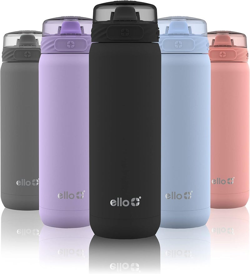 Ello Cooper 22oz Stainless Steel Water Bottle with Straw and Carry Handle Double Walled and Vacuum Insulated Metal Leak Proof Locking Lid with Soft Silicone Spout Reusable BPA Free Black