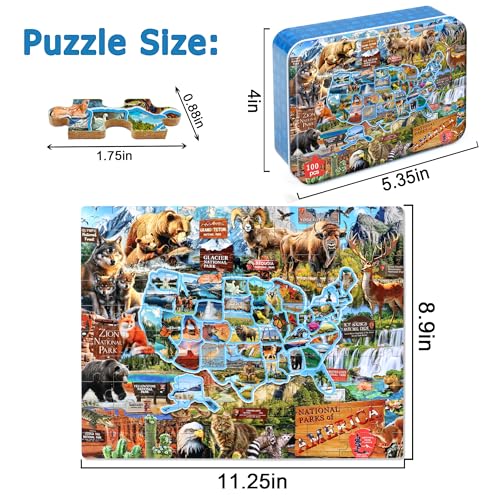 LELEMON Puzzles for Kids Ages 46National Parks Map 100 Piece Puzzles for Kids Ages 48 in a Metal BoxEducational Jigsaw Puzzles 100 Piece Puzzle Games Puzzle Toys for Girls and Boys - Image 5