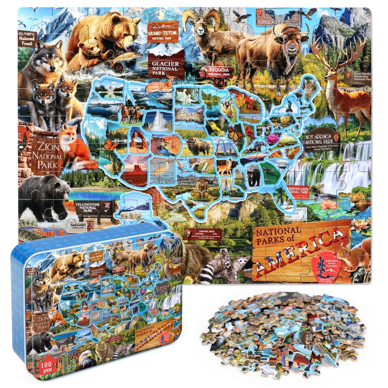 LELEMON Puzzles for Kids Ages 46National Parks Map 100 Piece Puzzles for Kids Ages 48 in a Metal BoxEducational Jigsaw Puzzles 100 Piece Puzzle Games Puzzle Toys for Girls and Boys - Image 3
