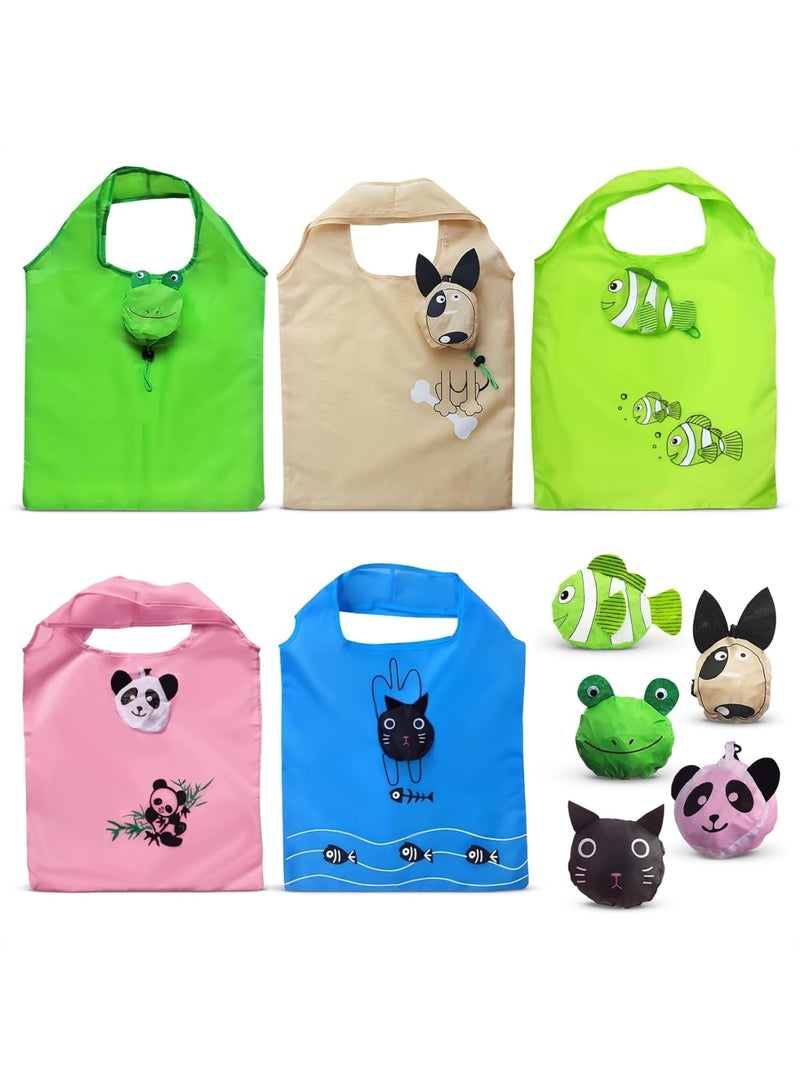 SOLARAE Foldable Reusable Grocery Bags, 5 Pcs Animal Grocery Bags, Washable Design with Large Handles, Reusable Produce Bags, Reusable Storage Bags for Groceries, Gym, Beach Gear, Toys - Image 1