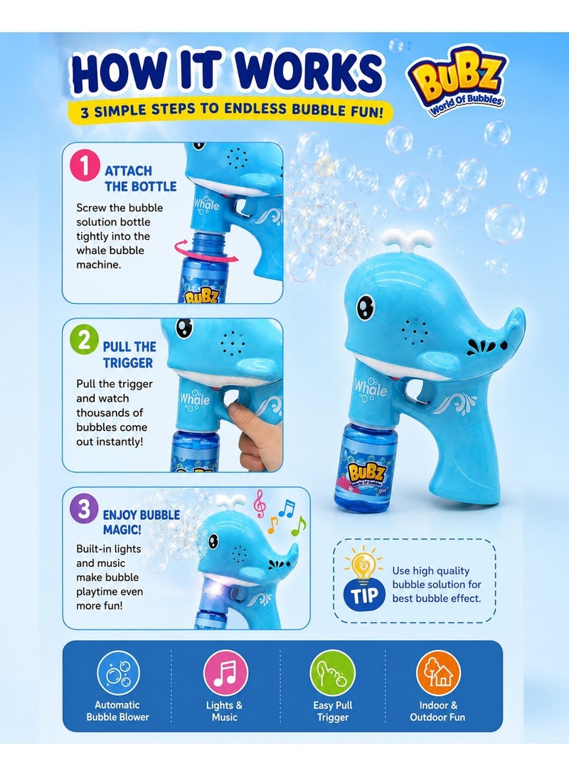 BUBZ Electric Whale Bubble Machine Toy for Kids with Lights & Music Automatic Bubble Maker Gun for Boys & Girls, Handheld Bubble Blower with Bubble Solution for Indoor Outdoor Summer Play, Birthday Party Bubble Fun Toy Age 3+ - Image 3