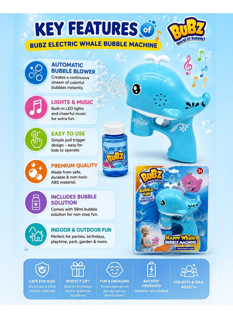 BUBZ Electric Whale Bubble Machine Toy for Kids with Lights & Music Automatic Bubble Maker Gun for Boys & Girls, Handheld Bubble Blower with Bubble Solution for Indoor Outdoor Summer Play, Birthday Party Bubble Fun Toy Age 3+ - Image 2