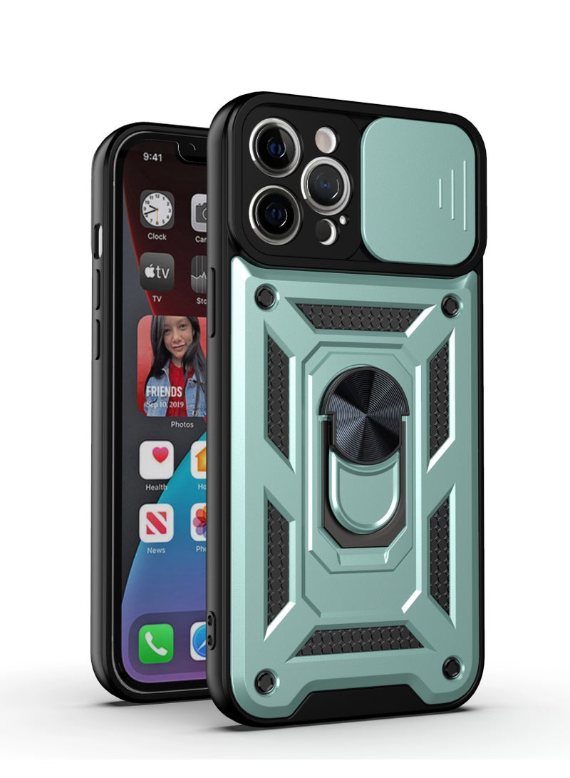 Shunjia Sliding Window Case, Shockproof Rugged Armor with Sliding Camera Cover & 360° Ring Kickstand, Compatible with Apple iPhone 12 Pro Max (Green)