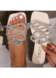 2024 New Large Size Womens Slippers Diamond Flat Bottom Sandals Outerwear One-Row Square Head Slippers Rubber Sole China Made beige white