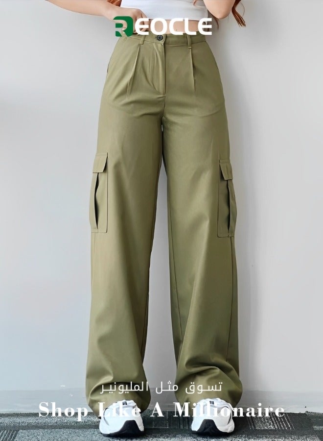 ريوكل بنطلون كارجو نسائي بخصر مرتفع وبنطلون مطاطي كاجوال بقصّة مريحة وواسعة الساق مع جيوب متعددة - Image 1