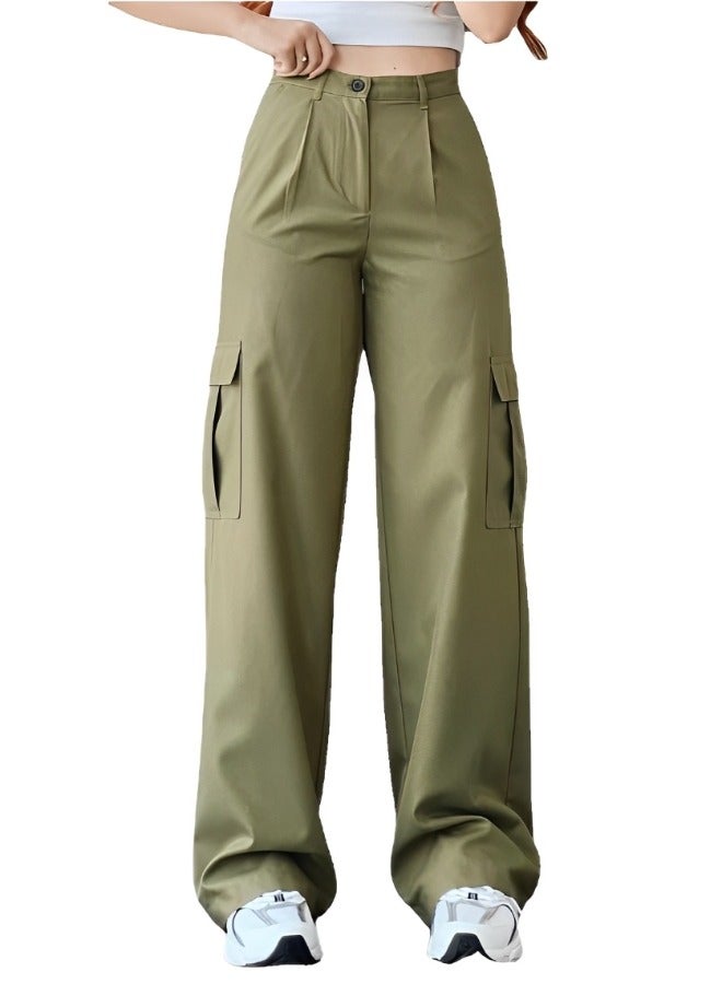 ريوكل بنطلون كارجو نسائي بخصر مرتفع وبنطلون مطاطي كاجوال بقصّة مريحة وواسعة الساق مع جيوب متعددة - Image 4
