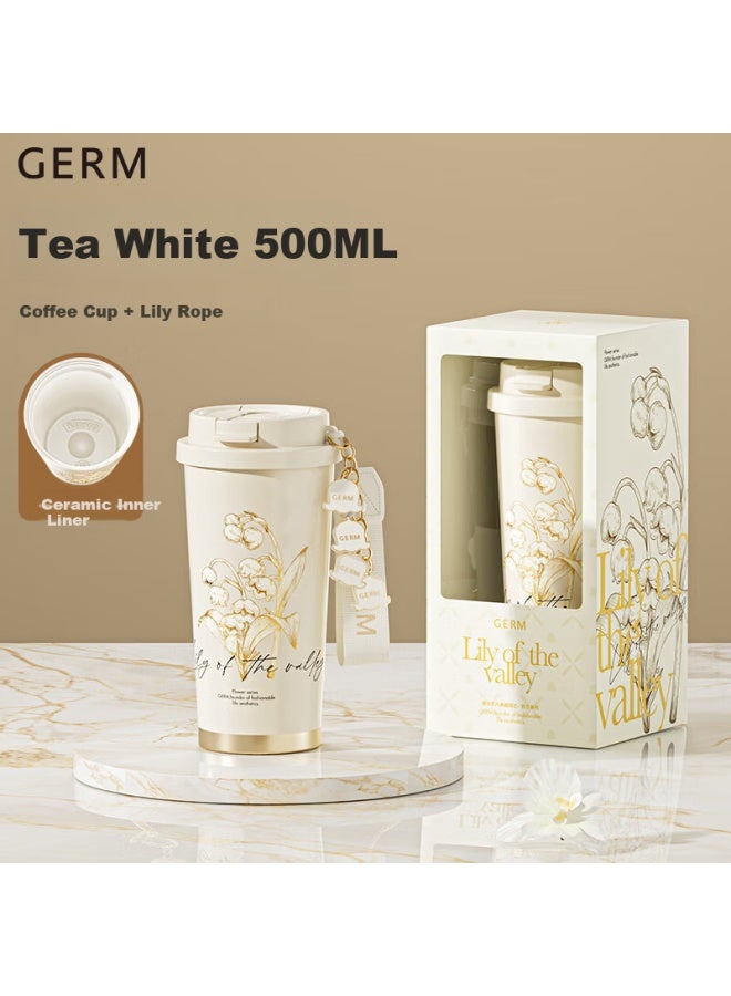Germ Insulated Mug For Women With Ceramic Inner, Coffee Cup With Straw, Student Gift Water Bottle, 500ml, Lily Of The Valley Tea White - Image 1