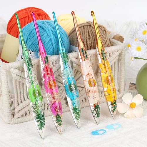 Coopay Crochet Hook Set 5 PCS Crochet Hooks with Case 4mm 45mm 5mm 55mm 6mm Floral Resin Grips Beautiful Ergonomic Great for Crocheting Blankets Dolls Shawls Hats Scarves GJ - Image 3