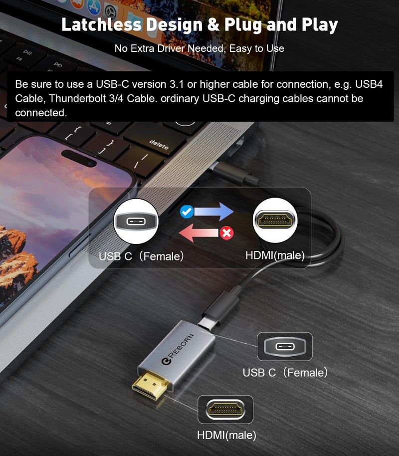REBORN محول Reborn USB C أنثوي إلى HDMI ذكري | 4K أحادي الاتجاه USB نوع C مصدر إلى محول عرض HDMI 2.0 Thunderbolt 3/4 إلى HDMI لجهاز MacBook Pro/Air، Galaxy S8 إلى S23، Surface - 1 عبوة - Image 4