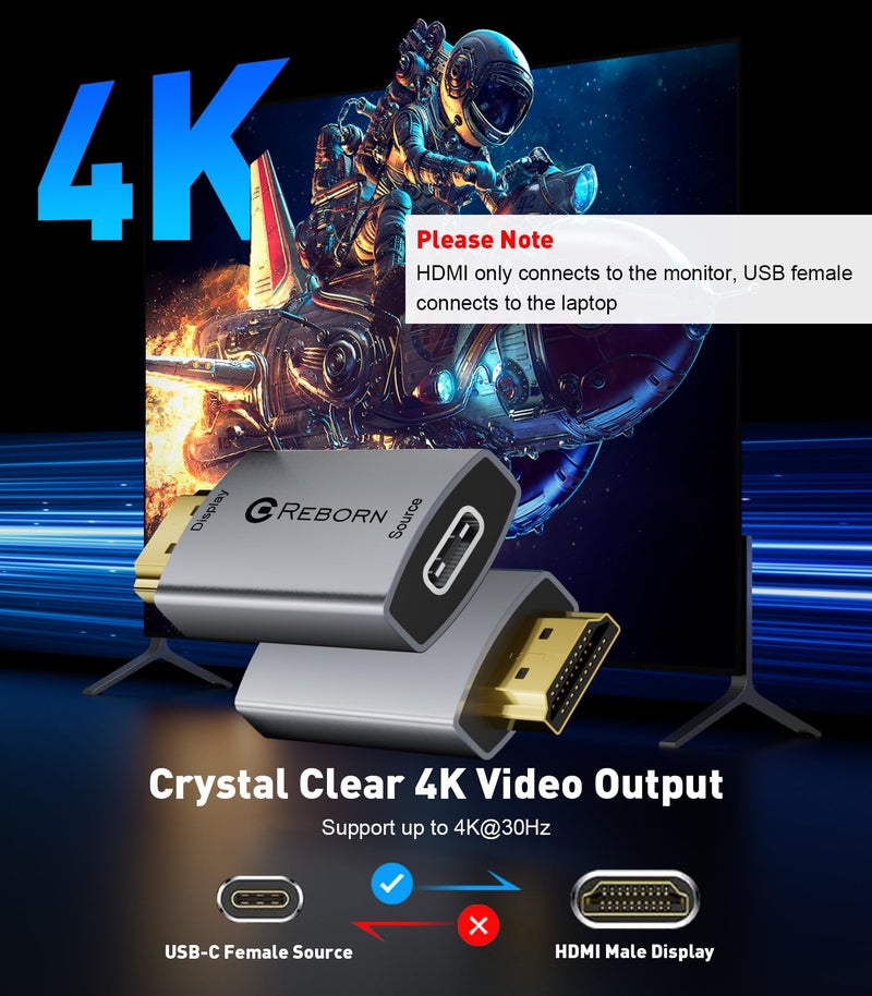 REBORN محول Reborn USB C أنثوي إلى HDMI ذكري | 4K أحادي الاتجاه USB نوع C مصدر إلى محول عرض HDMI 2.0 Thunderbolt 3/4 إلى HDMI لجهاز MacBook Pro/Air، Galaxy S8 إلى S23، Surface - 1 عبوة - Image 3