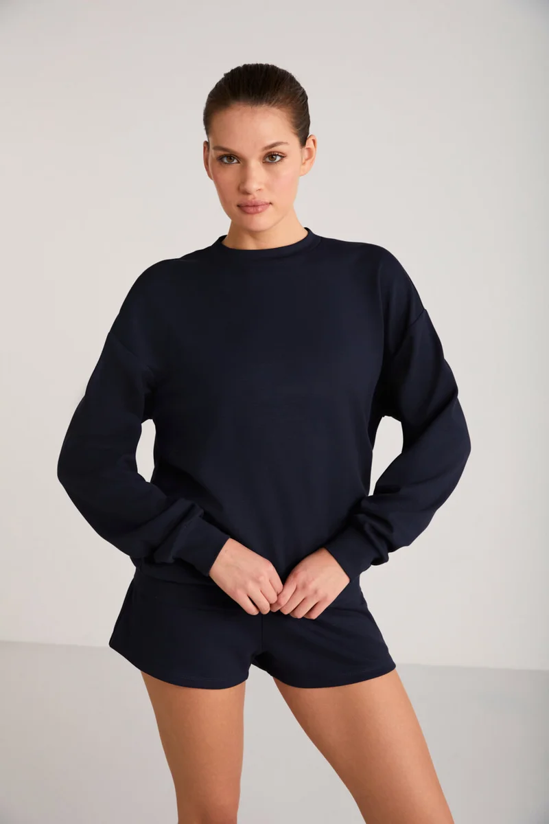 GRIMELANGE Maısıe Women's Organic Cotton Comfort Fit Crew Neck Navy Blue Sweatshirt