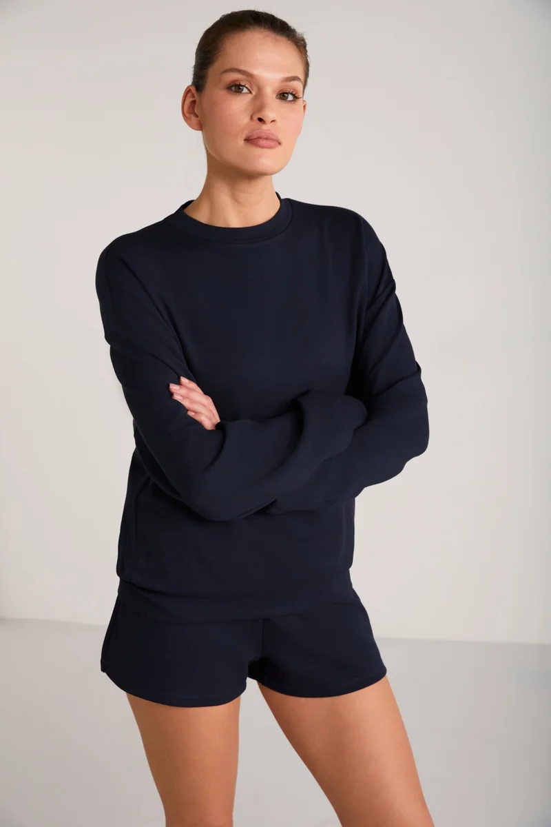 GRIMELANGE Maısıe Women's Organic Cotton Comfort Fit Crew Neck Navy Blue Sweatshirt
