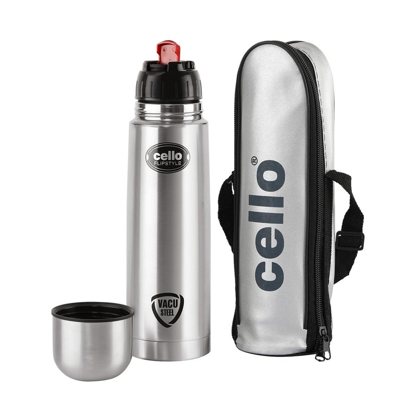 Cello Cello Flipstyle Thermosteel Flask with Thermal Jacket 1000ml, Silver | 24 Hours Hot & Cold Water Bottle | Flask for Tea Coffee | Rust & Leak Proof | Ideal for Office, Gym, Home, Kitchen, Travel Bottle  - Image 1
